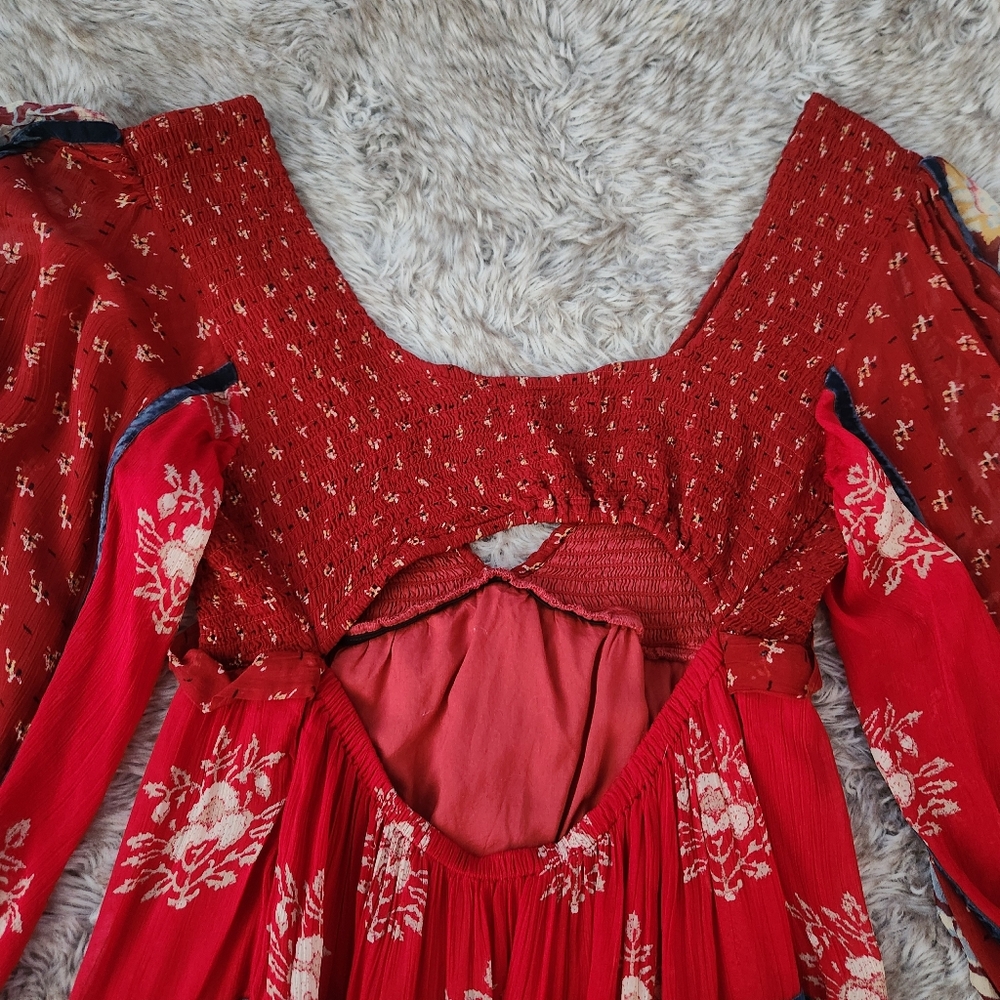 Free People Bali Laurel Maxi Dress Long Sleeve Cut-out Back Red Women's - Picture 12 of 15